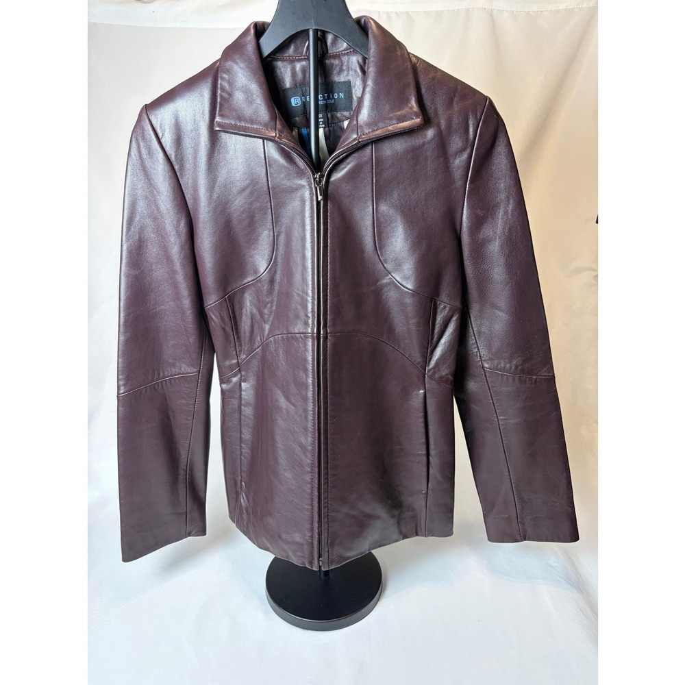 Kenneth Cole Reaction Womens XS Burgundy Leather Full Zip Jacket Funky Lining